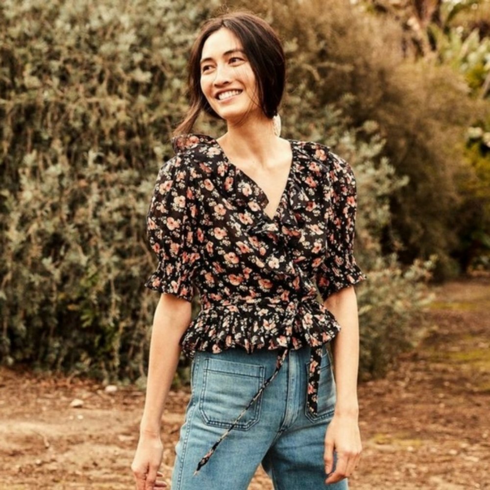 Doen Viola Wrap Top in Black Poppy XS